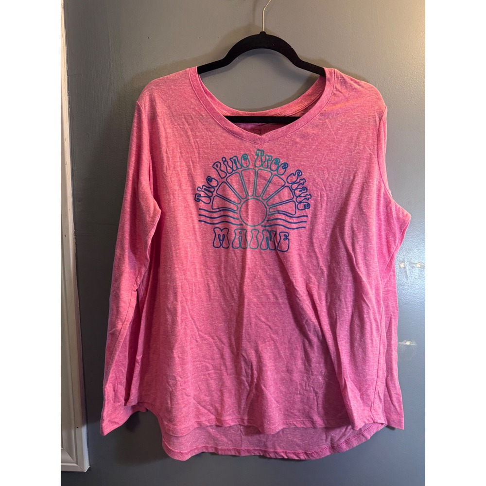State of Mine Maine The Pine Tree State Graphic Tee Pink V-Neck XL Retro Sun